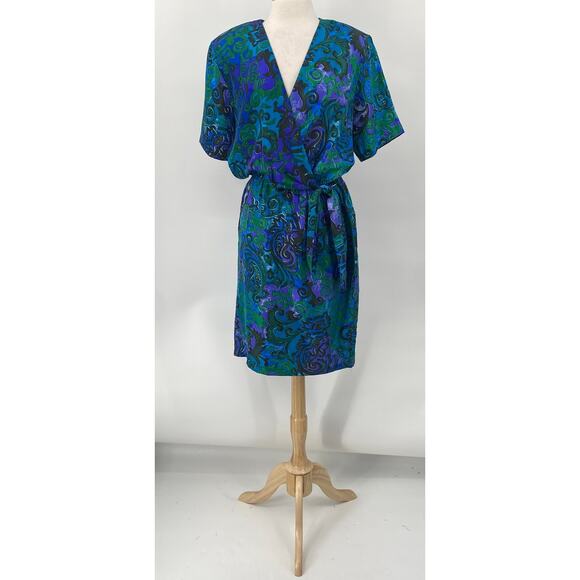 Vintage 80s Silk Faux Wrap Abstract Printed Mini Dress Blue Green NEW Womens 10 - Picture 2 of 9